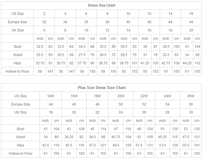 Prom Dress Size Chart