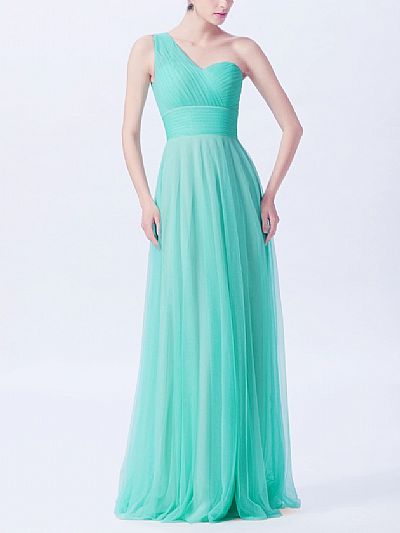 One Shoulder Mint Ruched Chiffon Bridesmaid Dresses