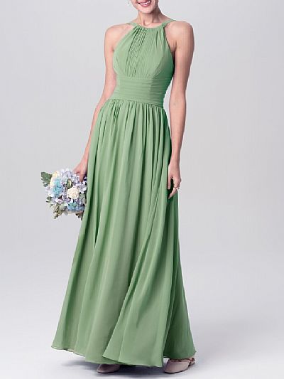 Green Halter Ruched Chiffon Bridesmaid Dresses