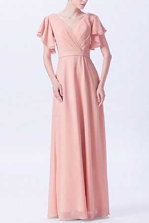 Pink Long Chiffon Bridesmaid Dresses with Sleeves