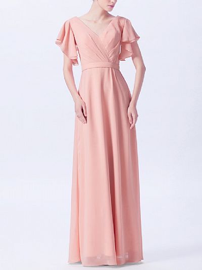 Pink Long Chiffon Bridesmaid Dresses with Sleeves