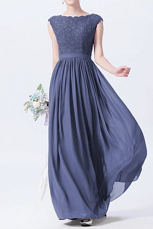 Blue Long Chiffon Bridesmaid Dresses Cap Sleeves