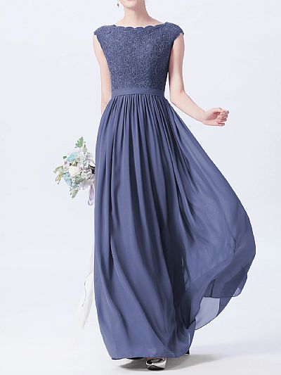 Blue Long Chiffon Bridesmaid Dresses Cap Sleeves