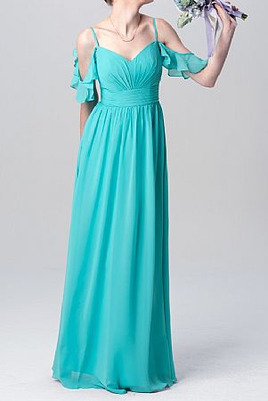 Blue Long Chiffon Bridesmaid Dresses with Ruffled Sleeves