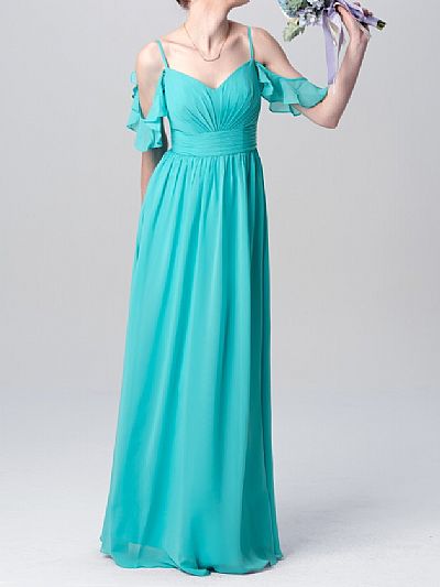 Blue Long Chiffon Bridesmaid Dresses with Ruffled Sleeves