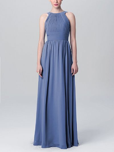 Blue Halter Ruched Chiffon Bridesmaid Dresses