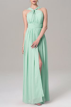 Mint Ruched Halter Side Split Bridesmaid Dresses