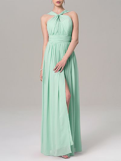 Mint Ruched Halter Side Split Bridesmaid Dresses