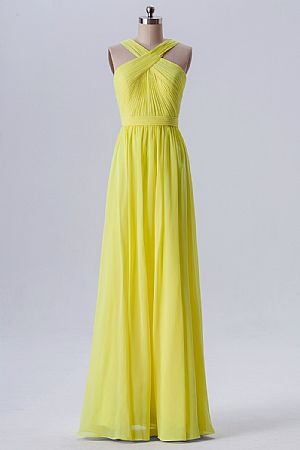 Yellow Crisscross Ruched Halter Bridesmaid Dress