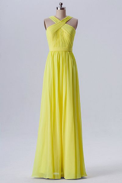 Yellow Crisscross Ruched Halter Bridesmaid Dress