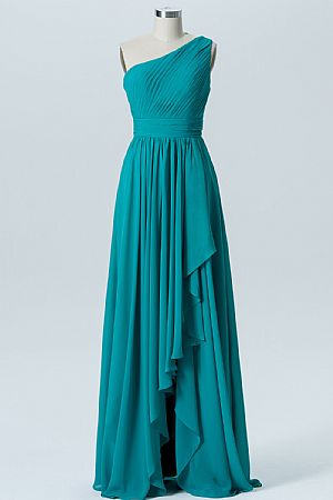 One Shoulder Ruched Blue Chiffon Bridesmaid Dress