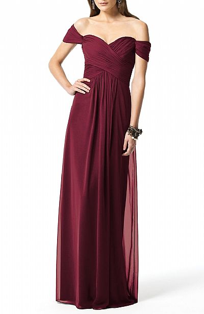 Off the Shoulder Ruched Burgundy Bridesmaid Dresses