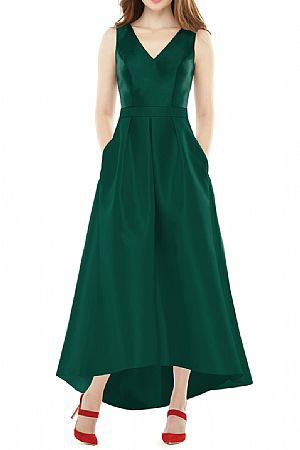 Green Hi-low Satin Bridesmaid Gowns with Pockets