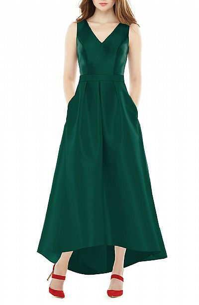 Green Hi-low Satin Bridesmaid Gowns with Pockets