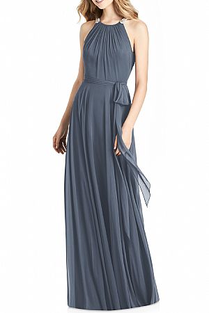 Beaded Grey Halter Ruched Bridesmaid Gowns