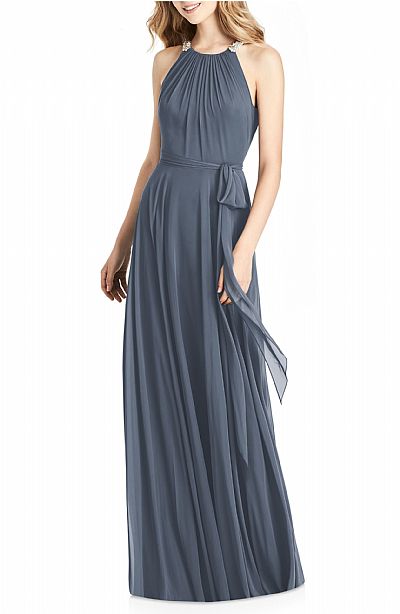 Beaded Grey Halter Ruched Bridesmaid Gowns