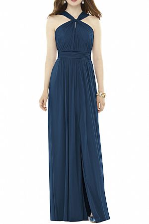 Navy Blue Side Split Halter Chiffon Bridesmaid Gowns