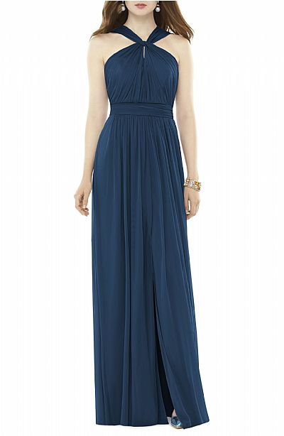 Navy Blue Side Split Halter Chiffon Bridesmaid Gowns