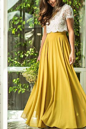 Two Pieces Bridesmaid Dresses White Lace Bodice & Yellow Skirt