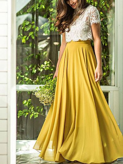 Two Pieces Bridesmaid Dresses White Lace Bodice & Yellow Skirt