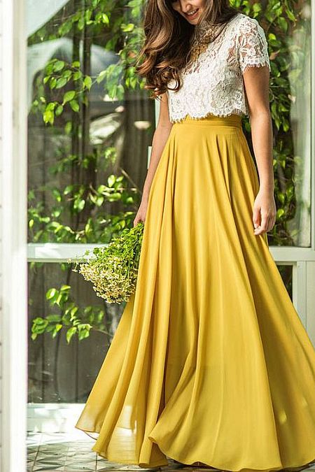 Two Pieces Bridesmaid Dresses White Lace Bodice & Yellow Skirt