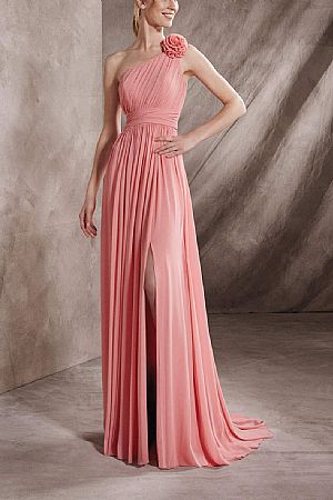 One Shoulder Ruched Side Slit Pink Bridesmaid Dresses