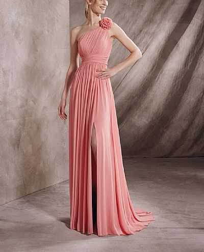 One Shoulder Ruched Side Slit Pink Bridesmaid Dresses