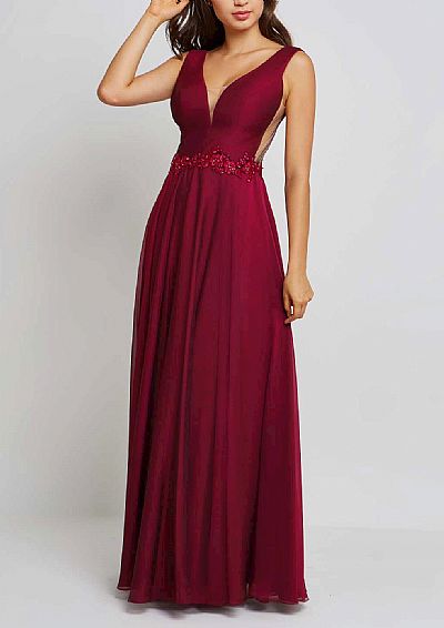 Burgundy Chiffon Bridesmaid Dresses with Illusion Double V-Neck