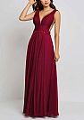 Burgundy Chiffon Bridesmaid Dresses with Illusion Double V-Neck