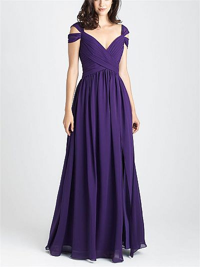 Double V-Neck Ruched Grape Chiffon Bridesmaid Dresses