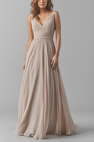 Pleated Champagne V-Neck Bridesmaid Dresses with Straps & Sash