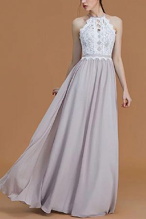 Stylish Halter Chiffon Bridesmaid Dresses with Lace Bodice