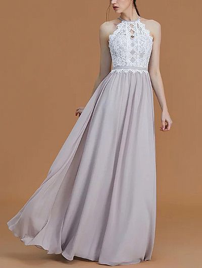 Stylish Halter Chiffon Bridesmaid Dresses with Lace Bodice