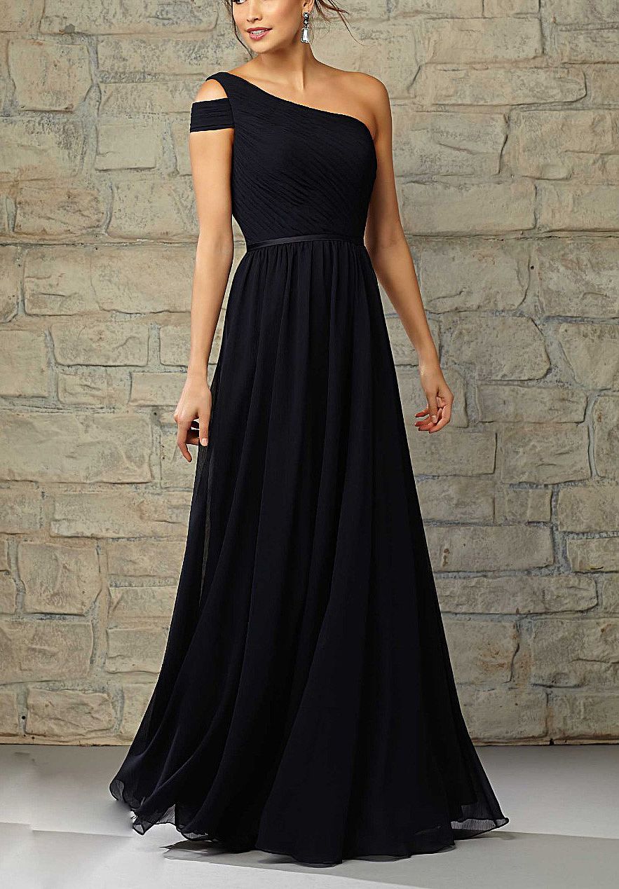 One Shoulder Ruched Black Chiffon ...