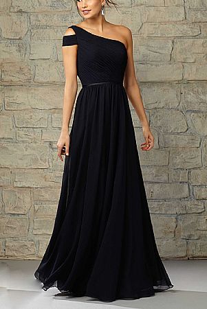 One Shoulder Ruched Black Chiffon Bridesmaid Dresses