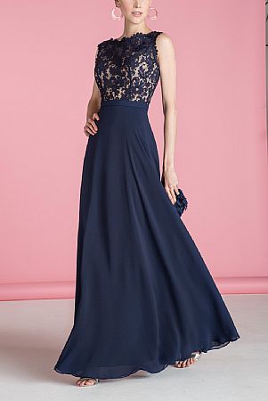 Navy Blue A-line Chiffon Bridesmaid Dresses with Lace Top