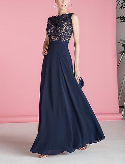 Navy Blue A-line Chiffon Bridesmaid Dresses with Lace Top