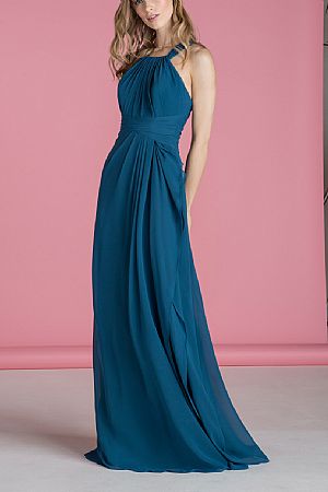 Ruched Blue Halter Chiffon Bridesmaid Dresses with Straps