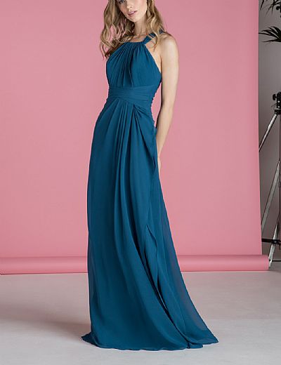 Ruched Blue Halter Chiffon Bridesmaid Dresses with Straps