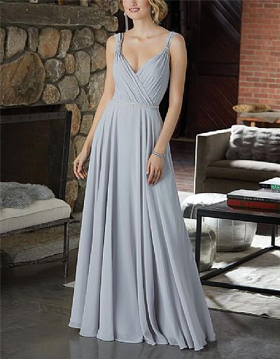 Stunning Beaded Silver Chiffon Bridesmaid Dresses with Straps