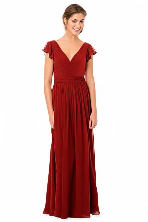 Red Draped Chiffon Bridesmaid Dresses with Flutter Sleeve