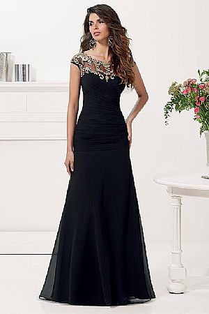 Pleated Chiffon Mother of Bride Dress with Jewel Neckline