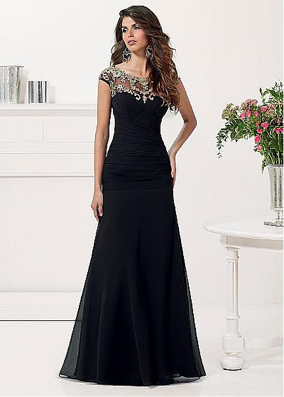 Pleated Chiffon Mother of Bride Dress with Jewel Neckline