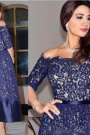 Navy Blue Lace Mother of the Bride Dresses Ankle Length