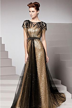 Gold and Black Tulle Mother of The Bride Dress with Beadings and Sequins
