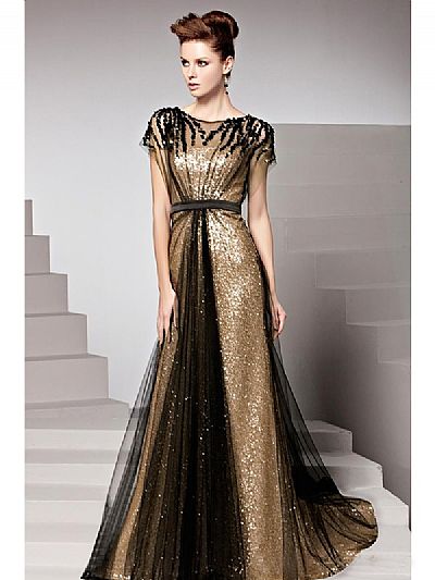 Gold and Black Tulle Mother of The Bride Dress with Beadings and Sequins