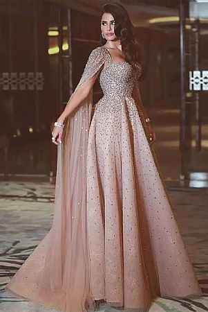 Sparkling Champagne Crystal Beaded Cape Evening Dress