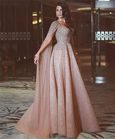 Sparkling Champagne Crystal Beaded Cape Evening Dress