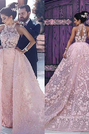 Stunning Pink Halter Prom Dress with Floral Appliques