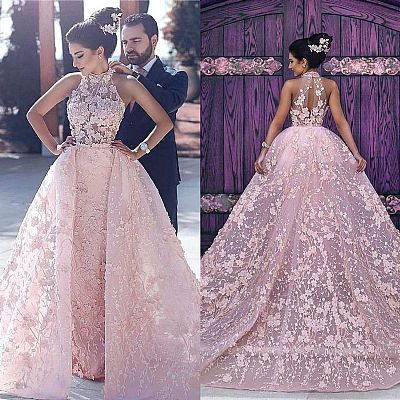 Stunning Pink Halter Prom Dress with Floral Appliques
